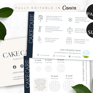 Editable Cake Care Card, Cake Instructions, Bakery Care Card, Cake Cutting Guide, Cake Business Packaging Canva Template