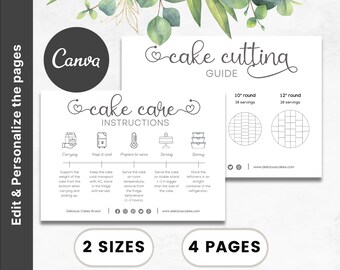 Editable Cake Care Card, Cake Cutting Guide, Bakery Care Card, Cake Care Label, Cake Instructions, Cake Business Packaging Canva Template,