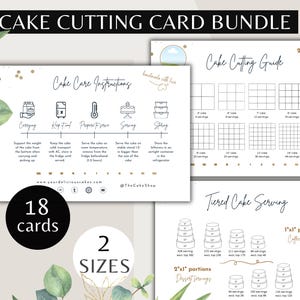 May include: A set of 18 printable cake cutting cards in two sizes. The cards feature a grid pattern for cutting cakes into different serving sizes. The cards also include instructions for carrying, storing, and serving cakes.