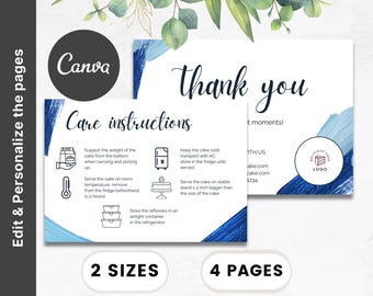 Tarjetas para cortar pasteles, Tarjeta de presentación para pastelería, Plantilla de tarjeta de cuidados para pasteles, Tarjeta de instrucciones para pasteles, Paquete para negocios de pastelería, Guía para cortar pasteles