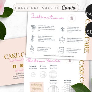Puede incluir: Una hoja de instrucciones para el cuidado de pasteles en rosa y dorado con el texto "Instrucciones" y "Guía de porciones". La hoja incluye ilustraciones y texto sobre el manejo y servicio de pasteles. La imagen también incluye el texto "FULLY EDITABLE IN Canva".