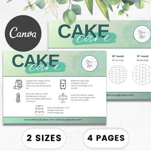 Puede incluir: Una guía imprimible verde y blanca con el texto "CAKE care" e instrucciones para almacenar y servir pasteles. La guía incluye una cuadrícula para cortar un pastel redondo de 25 cm y una cuadrícula para cortar un pastel redondo de 30 cm.