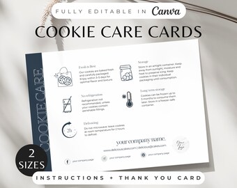 Puede incluir: Una tarjeta blanca para el cuidado de las galletas con detalles en azul marino, que presenta instrucciones para el almacenamiento y cuidado de las galletas. La tarjeta incluye texto como "Fresh is Best" y "Long term storage". La tarjeta es totalmente editable en Canva y viene en dos tamaños.