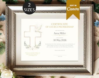 Modello di certificato di appartenenza alla chiesa modificabile, ricordo di fede (download da Canvas)