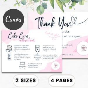 Puede incluir: Tarjeta de agradecimiento rosa y blanca con un mensaje escrito a mano que dice "Gracias hecho a mano con amor y cuidado para que lo pidas." La tarjeta también incluye un logotipo con el texto "Delicious Cakes Logo".