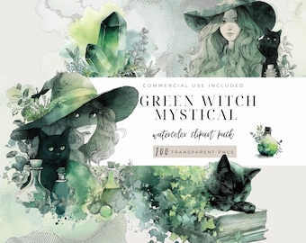 Paquete de 100 imágenes prediseñadas de brujas verdes, kit PNG de jardín wiccano y herbario, imágenes prediseñadas de caldero de bruja de acuarela de Halloween, ilustración de boticario