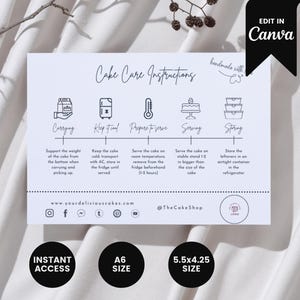 May include: A black and white printable guide with instructions for cake care. The guide includes icons for carrying, keeping the cake cold, preparing to serve, serving, and storing. The text includes the website "yourdeliciouscakes.com" and the social media handle "@TheCakeShop".