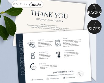 Puede incluir: Tarjetas de cuidado de galletas con el texto "¡GRACIAS por tu compra!" y "COOKIE CARE". Las tarjetas incluyen información sobre almacenamiento, descongelación y frescura. El diseño es en blanco y azul marino.