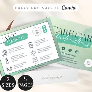 Editable Cake Care Card, Bakery Care Card, Cake Instructions, Cake Business Packaging Canva Template, Cake Cutting Guide