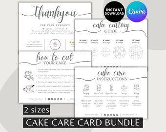 Lot de cartes pour l'entretien des gâteaux, guide de coupe et de présentation du gâteau, étiquette de boulangerie, merci pour gâteau imprimable, étiquette d'entretien pour gâteau, instructions pour le gâteau