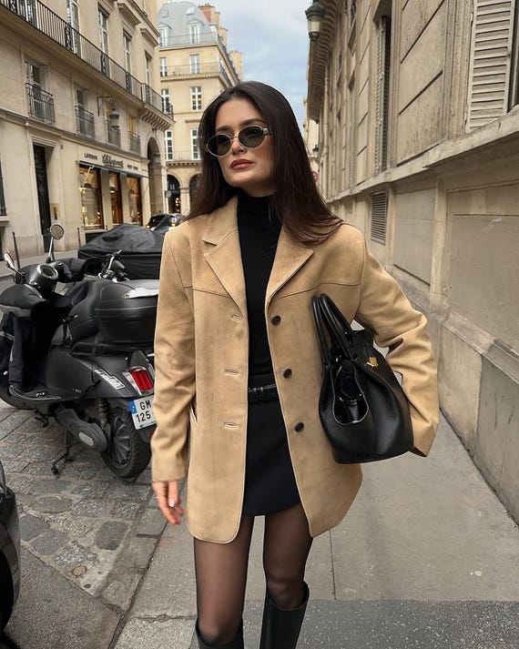 Camel Suede Leather Blazer for Women – Classic Tailored Minimalist Jacket, Chic Fall Coat, Parisian Style Outfit, Oversized Vintage-Inspired