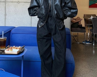 Men’s Vintage Handmade Black Sheepskin Leather Bomber Jacket Oversized Baggy Fit Gift For Him