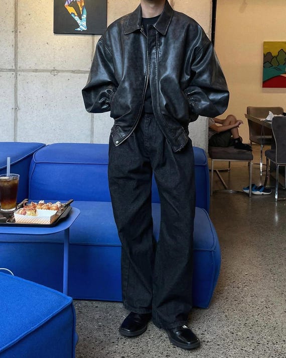 Men's Vintage Black Sheepskin Leather Bomber Jacket, Oversized