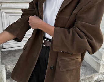 Giacca oversize in pelle scamosciata marrone - Stile retrò anni '90