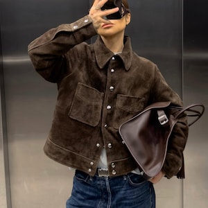 Vintage Style Brown Suede Leather Jacket for Women Classic Button-Up Overshirt Design Fall Fashion Outerwear Handmade Western-Inspired Coat