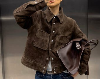 Vintage Style Brown Suede Leather Jacket for Women Classic Button-Up Overshirt Design Fall Fashion Outerwear Handmade Western-Inspired Coat