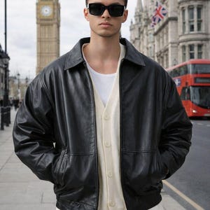 Vintage Schwarze Leder Bomberjacke Männer 90er Jahre Streetwear Oversized Schafsleder Relaxed Fit Jacke