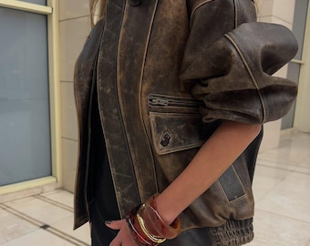 Leather Vintage Style Jacket For Women- Women Collared Zipper Long Sleeve Coat And Jacket- Gift For Her- Birthday Gift- Easter Sale