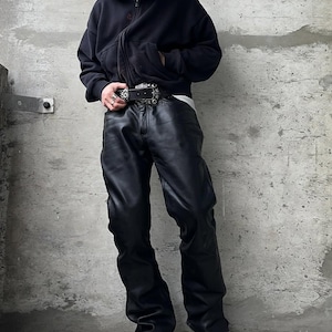 Men’s Black Genuine Cowhide Leather Pants – Handmade Straight-Leg Biker Trousers – Custom Fit, Premium Quality, Stylish & Durable