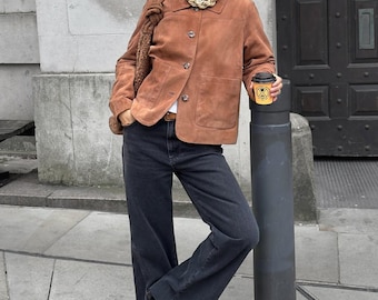 Handmade Tan Suede Leather Overshirt: Vintage Style Women's Jacket