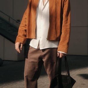 Men’s Tan Suede Leather Jacket | Relaxed Fit Soft Real Suede Zip Jacket | Vintage Style Bomber | Drop Shoulder | Fall Winter Streetwear