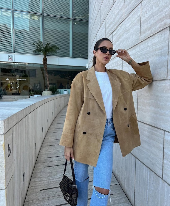 Beige Suede Leather Blazer Women Oversized Double Breasted Jacket Tan Longline Coat Relaxed Fit Tailored Lapel Vintage Fall Outerwear Coat