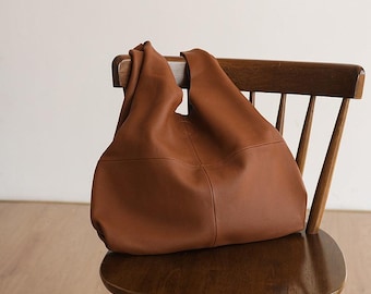 Slouchy rundleren draagtas: grote handgemaakte ruime schoudertas met zakje Veelzijdige handtas, perfect kerstcadeau voor haar