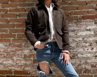 Mens Brown Suede Leather Jacket Vintage Trucker Jacket Western Style Cowhide Coat Handmade Retro Zip Up Jacket
