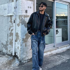 90s Style Oversized Black Leather Jacket Vintage Leather Coat Loose fit Jacket Fall Fashion Street wear Leather Jacket Winter Men’s Shirt
