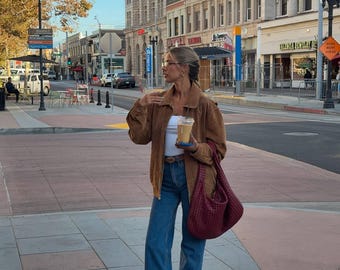 Vintage-Inspired Brown Suede Leather Jacket for Women Oversized Casual Fall Outerwear Retro 90s Style Soft Real Suede Coat Easter Sale