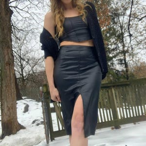 Elegant High-Waisted Black Sheepskin Leather Pencil Skirt with Front Slit – Handmade Midi Skirt for Work, Evening,Mother&#39;s Day gift