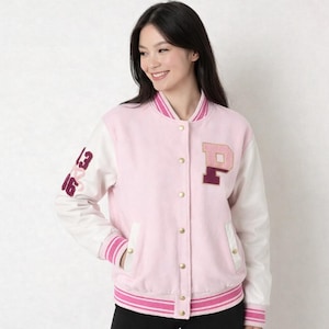 Rosa Varsity-jacka Dam, Letterman Bomberjacka i Läder, Yllekavaj för College, Preppy Baseballjacka, Skolyxig Ytterkläder med Anpassade Märken