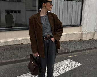 Vintage-Inspired Oversized Brown Suede Leather Jacket for Women – Soft Real Leather 90s Fall Outerwear Retro Look, Casual Stylish Coat