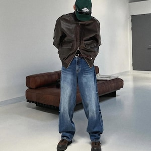 Men’s Vintage Leather Bomber Jacket Classic Brown & Black Aviator Style – Oversized Fit, Genuine Sheepskin, Retro Flight Jacket Easter Gift