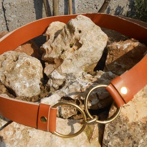 May include: A brown leather belt with two large, round, gold metal buckles. The belt is lying on a pile of rocks.