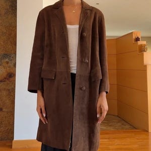 Vintage Brown Suede Leather Coat: 80s Minimalist Long Jacket