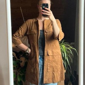 Vintage Style Brown Suede Jacket: Boho Utility Coat with Pockets