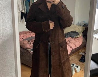 Vintage 70s Brown Suede Trench Coat, Belted Long Overcoat
