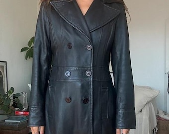 Black Genuine Leather Trench Coat: Vintage Inspired Longline Outerwear