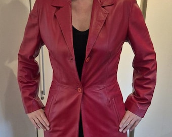 Red Lambskin Leather Blazer: Women's Long Fitted Coat, Vintage Style
