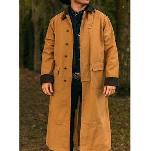 Men&#39;s Western Cowboy Duster Coat: Brown Canvas Trench Riding Jacket