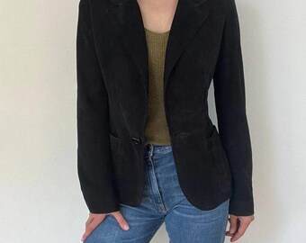 Vintage Black Suede Blazer: 90s Minimalist Fitted Leather Jacket