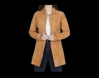 Vintage Tan Suede Leather Trench Coat: Women's Classic Outerwear