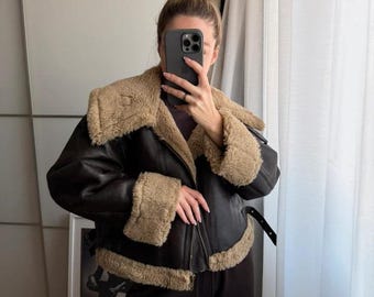 Brown Real Shearling Aviator Jacket: Vintage Leather Sherpa Lined Biker Coat