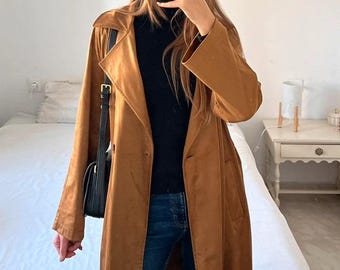 Vintage Suede Leather Trench Coat: Brown Belted Genuine Leather Overcoat