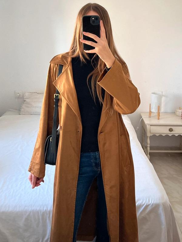 ヴィンテージスエードレザートレンチコート：ブラウンベルト付き本革