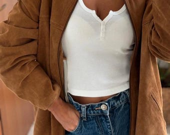 Chaqueta vintage de ante marrón: abrigo de cuero unisex extragrande de los años 90