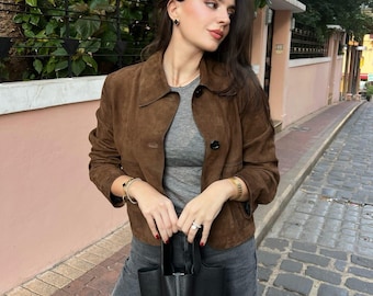 Vintage Style Brown Suede Cropped Jacket - Minimalist Fall Coat