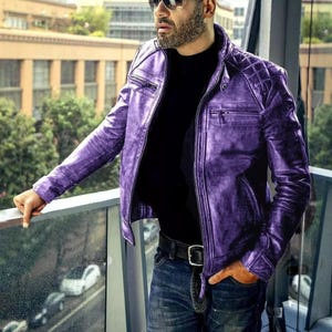 Herren Lila Leder Bikerjacke: Diamond Quilted Slim Fit
