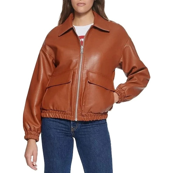 Women's A2 Tan Brown Real Leather Bomber Jacket Zip-up Casual